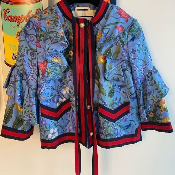 Gucci Blue Flora Ruffled Silk Blouse Jacket Navy Red Web Trim & GG Buttons SZ S - Picture 4 of 10